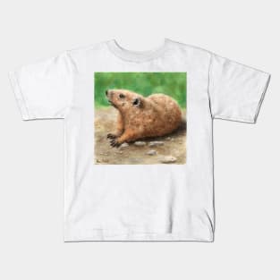 Painting of a Groundhog Looking Up, in a Green Field Kids T-Shirt